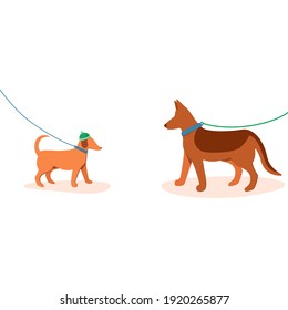 Un lugar para los perros que caminan. Diferentes perros con correas. ilustración de estilo plano sobre fondo blanco aislado.