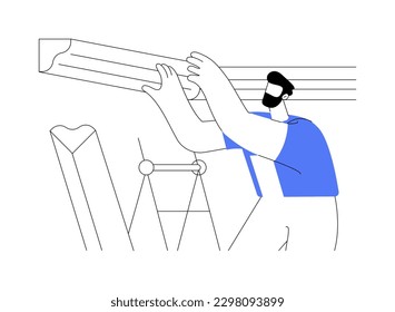 Place wall trim abstract concept vector illustration. Repairman in uniform installs a crown molding and corners, baseboards placing, residential construction, interior works abstract metaphor.
