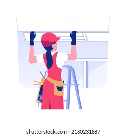 Place wall trim isolated concept vector illustration. Repairman in uniform installs a crown molding and corners, baseboards placing, residential construction, interior works vector concept.