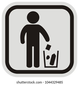 place for waste, black figure and trash can, vector icon, gray and black frame