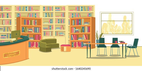 Place Where Students and Teachers Can Gather to Research, Design, Create and Collaborate. Modern School Library Interior. Shelving with Books. Librarians Desk with PC. Space for Learning Activities.