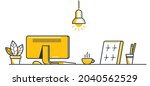 Place of work office table desk vector flat illustration isolated over white, work from home comfortable work space concept, empty chair nobody vacant job concept.