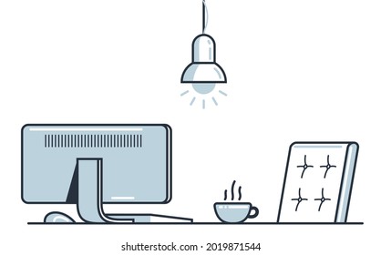 Place of work office table desk vector flat illustration isolated over white, work from home comfortable work space concept, empty chair nobody vacant job concept.