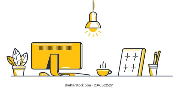 Place of work office table desk vector flat illustration isolated over white, work from home comfortable work space concept, empty chair nobody vacant job concept.