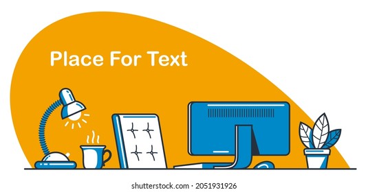 Place of work office table desk vector flat illustration isolated over white, work from home comfortable work space concept, empty chair nobody vacant job concept.