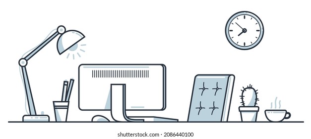 Place of work office table desk vector flat illustration isolated over white, work from home comfortable work space concept, empty chair nobody vacant job concept.