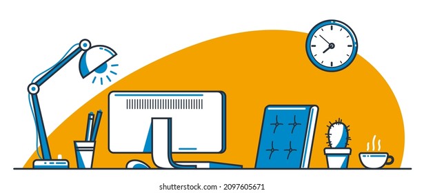 Place of work office table desk vector flat illustration isolated over white, work from home comfortable work space concept, empty chair nobody vacant job concept.