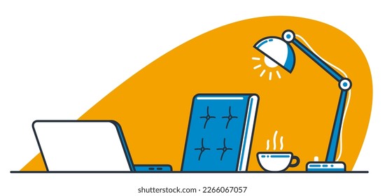 Place of work office table desk vector flat illustration isolated over white, work from home comfortable work space concept, empty chair nobody vacant job concept.