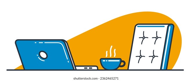 Place of work office table desk vector flat illustration isolated over white, work from home comfortable work space concept, empty chair nobody vacant job concept.