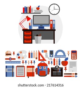 Place for work and study, school equipment set of illustrations in flat style. Backpack, pencils, pens, notebooks and books, desktop, computer.