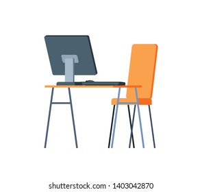 Place to work vector, workplace consisting of chair and wooden table with gadget, digital laptop computer monitor isolated furniture flat style armchair