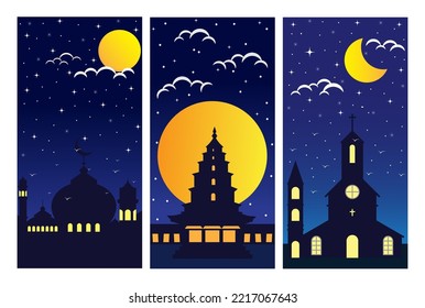 Place of worship background with moon view at night. Set of Vertical Bacground. Collection of illustrated places of worship vector.