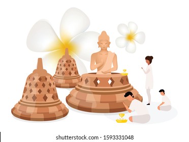 Place of worship flat vector illustration. Buddha religious sculpture. Indonesian religion. Buddhism. Meditating people. Men and women isolated cartoon character on white background