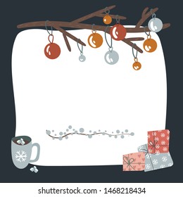 A place to write down your New Years wishes with a cup of tea, or kako, gifts and gerlyanda on the branch. Vector illustration.