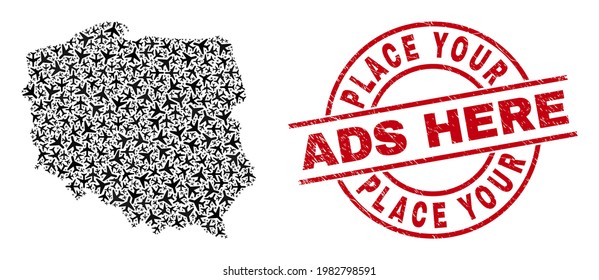 Place Your Ads Here scratched seal stamp, and Poland map collage of aviation items. Collage Poland map constructed with aircraft. Red watermark with Place Your Ads Here tag,