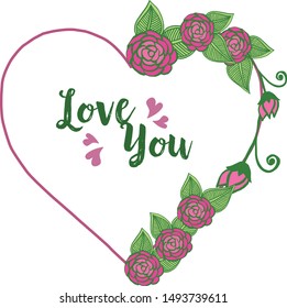 Place for your text, greeting card love you, with rose pink flower frame. Vector