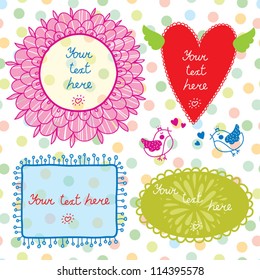 Place your text here. Cute flower with bird and heart.