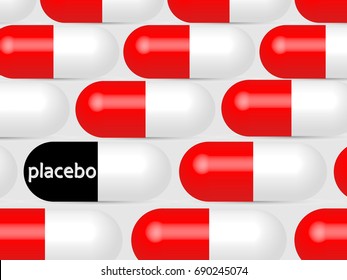 Placebo effect concept. 3d placebo pill with red white capsule pills in row. EPS10 vector illustration. Design element for business template, healthcare, poster, web, application, banner etc. 