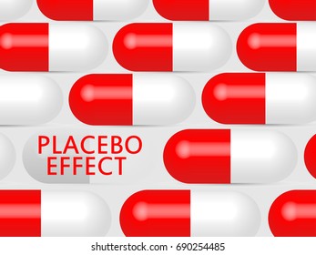 Placebo effect concept. Red white 3d rendering capsule pills in row with text on white background. EPS10 vector illustration. Design element for infographic element, poster, template, business, web. 