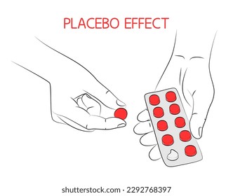 Placebo effect. Hand holds tablets in blister pack. Choice between taking or not taking pills. Medical, treatment and healthcare concept. Pharmacy help, medicine drug. Sketch, editable linear drawing