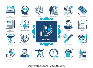 Placebo icon set. Placebo Effect, Clinical Trials, Patient, Inert Tablets, Sham Surgery, Efficacy, Participants, Illness. Duotone color solid icons