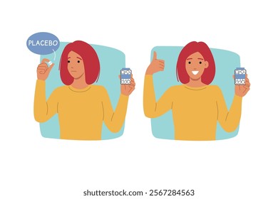 Placebo pills in hands of woman consuming pacifier medicine for psychological improvement and relief from pain. Girl shows thumbs up after consuming placebo and holds jar of medicinal vitamins in hand