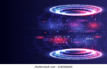 Placeholder and space. Portal and hologram science futuristic. Sci-fi digital hi-tech in glowing HUD projector. Circle teleport podium and stage for reporter. GUI and UI virtual reality