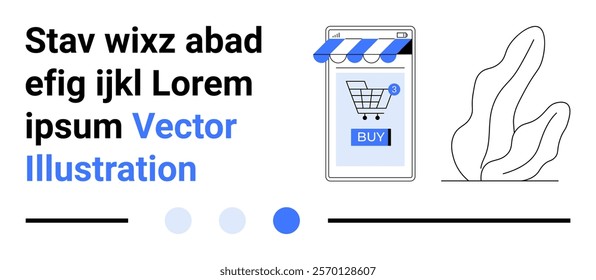 Placeholder text beside a mobile phone screen displaying a shopping cart and a buy button. Ideal for e-commerce, online shopping, mobile apps, digital marketing, modern business. Banner for landing