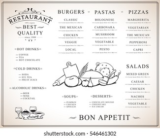 Placemat design template, vector illustration. Hand drawn diner cover. Creative restaurant menu brunch flyer for print materials, web site