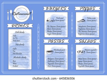 Placemat design template.Modern diner cover.For web site,print materials,poster,placard and brochure.Also useful for ad,flyer,marketing on social network and blog