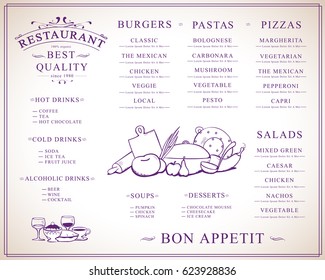 Placemat design template,vector illustration background.Modern hand drawn diner cover.For web site,print materials,poster,placard and brochure.Also useful for ad,marketing on social network and blog