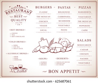 Placemat design template,vector illustration background.Modern hand drawn diner cover.For web site,print materials,poster,placard and brochure.Also useful for ad,marketing on social network and blog
