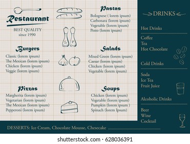 Placemat design template,vector illustration background.Modern hand drawn diner cover.For web site,print materials,poster,placard and brochure.Also useful for ad,marketing on social network and blog