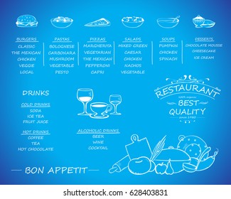 Placemat design template,vector illustration background.Modern hand drawn diner cover.For web site,print materials,poster,placard and brochure.Also useful for ad,marketing on social network and blog