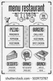 Placemat menu restaurant food brochure, cafe template design. Creative vintage brunch flyer with hand-drawn graphic. 