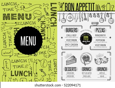 Placemat menu restaurant food brochure, cafe template design. Creative vintage brunch flyer with hand-drawn graphic. 