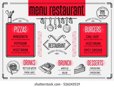 Placemat menu restaurant food brochure, cafe template design. Creative vintage brunch flyer with hand-drawn graphic. 
