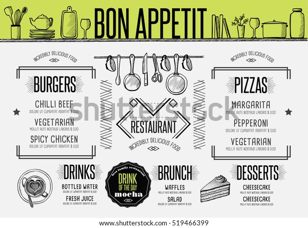 Placemat\
menu restaurant food brochure, cafe template design. Creative\
vintage brunch flyer with hand-drawn graphic.\
