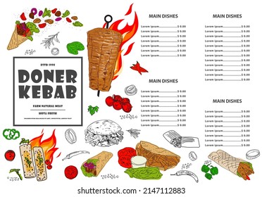 Restaurante de menú de Placemat, folleto Shawarma, diseño de plantilla de café. Doner kebab mano dibujada.  Volante de comida. Vector.