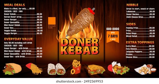Placemat menu restaurant Shawarma brochure, cafe template design. Doner kebab hand drawn.  Food flyer. Vector.