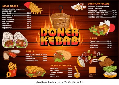 Placemat menu restaurant Shawarma brochure, cafe template design. Doner kebab hand drawn.  Food flyer. Vector.