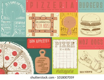  Placemat for Pizzeria and Fast Food -  Paper Napkin for Pizza House, Burger Bar with Place for Text in Retro Style. Vector Illustration.