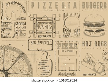 Placemat For Pizzeria And Fast Food -  Paper Napkin For Pizza House, Burger Bar With Place For Text In Retro Style.  Craft Paper Design. Vector Illustration.