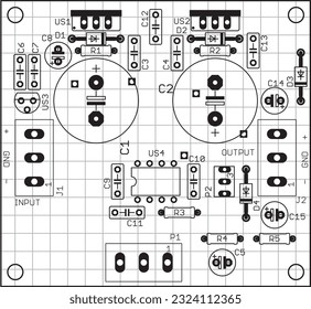 Placement of components of radio elements (contact
pads and seats) on the printed circuit
board of an electronic device.
Vector engineering 
drawing of a pcb. Electric background with grid. 
