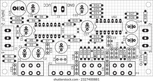 Placement of components of radio elements (contact
pads and seats) on the printed circuit
board of an electronic device.
Vector engineering 
drawing of a pcb. Electric background with grid. 