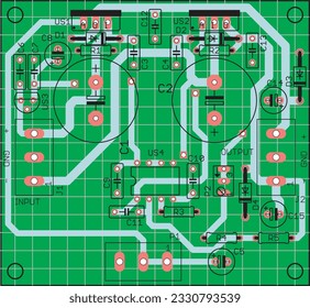 Placement of components of radio elements (contact
pads and seats) on the printed circuit
board of an electronic device.
Vector engineering 
drawing of a pcb. Electric background with grid. 
