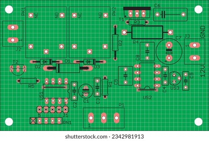 Placement of components of radio elements (contact
pads and seats) on the printed circuit
board of an electronic device.
Vector engineering 
drawing of a pcb. Electric background with grid. 