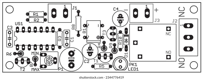 Platzierung von Komponenten von Funkelementen (Kontaktpads und Sitze) auf der Leiterplatte eines elektronischen Gerätes. Vektorgrafik-Zeichnung eines PCs. Elektrischer Hintergrund.