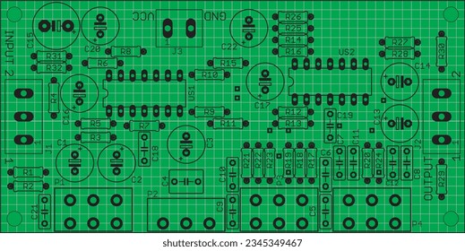 Placement of components of radio elements (contact pads and seats) on the printed circuit board of an electronic device. Vector engineering drawing of a pcb. Electric background with grid.