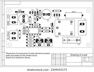 Placement of components of radio elements (contact
pads and seats) on the printed circuit
board of an electronic device.
Vector engineering 
drawing of a pcb. Electric background